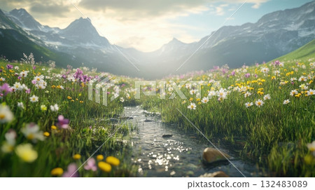 Alpine meadow with colorful wildflowers and distant mountains under a soft haze Alpine meadow with colorful wildflowers and distant mountains under a soft haze 132483089