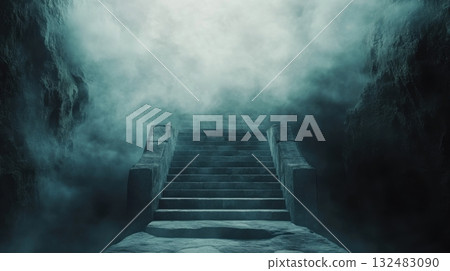 Mysterious mountain temple shrouded in thick fog with ancient stairs ascending into the mist Mysterious mountain temple shrouded in thick fog with ancient stairs ascending into the mist 132483090