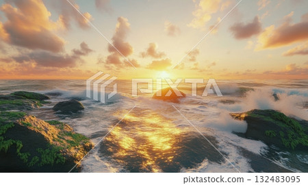 Golden sunrise over coastal cliffs with ocean waves crashing on mossy rocks Golden sunrise over coastal cliffs with ocean waves crashing on mossy rocks 132483095