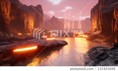 Neon-lit canyon with artificial rock formations and pulse lights moving along the cliff edges 132483099