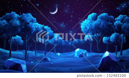 Low poly forest at night with glowing blue trees and crystal rocks scattered through the terrain against a dark purple background 132483100