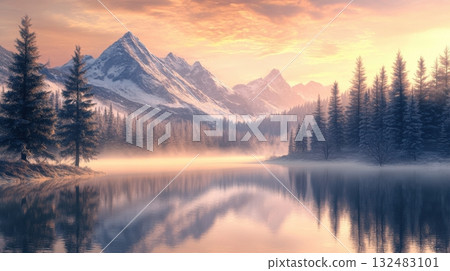 Warm golden light on snow-capped peaks at sunrise with mist in pine forest and pink-orange sky 132483101