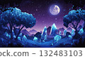 Low poly forest at night with glowing blue trees and crystal rocks on a dark purple background under stylized stars and moon 132483103