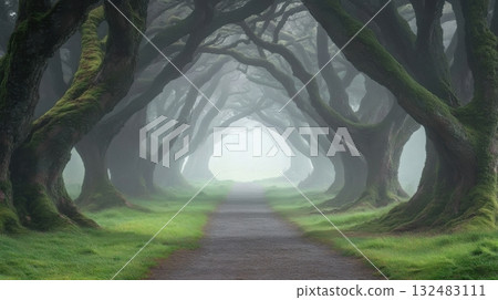 Mystical forest path with ancient trees and atmospheric fog illuminated by soft morning light, perfect for meditation 132483111