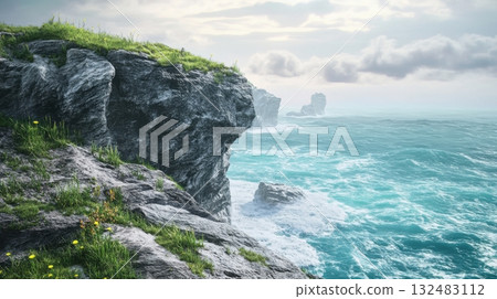 Coastal cliff with grassy edge and rugged stone formations against turquoise waves under an overcast sky 132483112