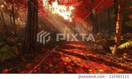 Dense forest trail in autumn with vibrant red and orange leaves, golden sunlight, and a clean sky break for overlay 132483113