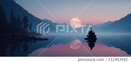 Man meditates peacefully at dawn by a tranquil mountain lake with a full moon shining 132483492