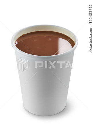 Hot chocolate in disposable paper cup isolated on white background Hot chocolate in disposable paper cup isolated on white background 132483812