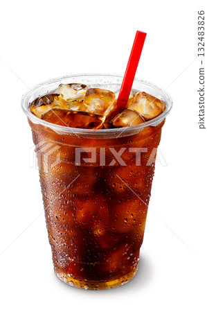 Iced cola in misted disposable plastic cup with straw isolated on white background 132483826