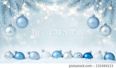 Elegant Christmas background with ornaments, snow, and pine branches. 132484213