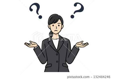 一位女商人聳聳肩,做出「我不知道」的姿勢(上半身,簡單的顏色) 一位女商人聳聳肩,做出「我不知道」的姿勢(上半身,簡單的顏色) 132484246