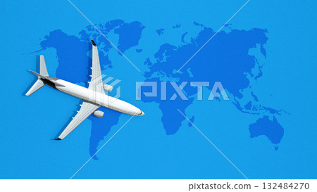 Airplane with world map on a blue background. Template or Copy space. Concept of travel, tourism or aviation. Flat lay style 132484270