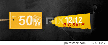 Top view of black ripped paper and text of 12.12 big sale with up to 50% text on the label tag. Copy space. Flash sale concept Top view of black ripped paper and text of 12.12 big sale with up to 50% text on the label tag. Copy space. Flash sale concept 132484347