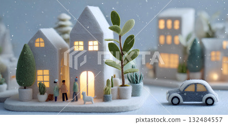 冬季城鎮景觀/雪景和溫暖燈光的房屋（毛氈，3D） 132484557