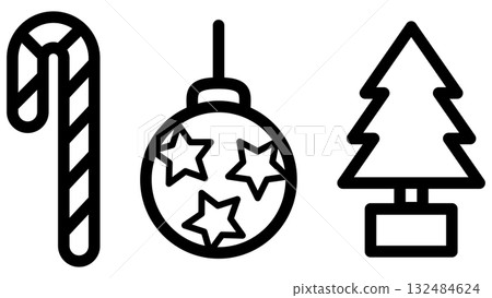 Christmas icons, walking stick, ornaments and Christmas tree. Vector illustration. 132484624