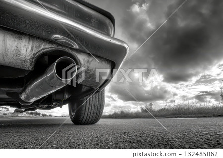 A low-angle view of a car's exhaust pipe against a cloudy sky while parked on a road, highlighting the vehicle's details 132485062
