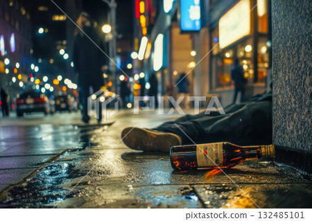 A bottle lies on a wet sidewalk beside a person resting on the ground in a busy city at night. Neon lights illuminate the background 132485101