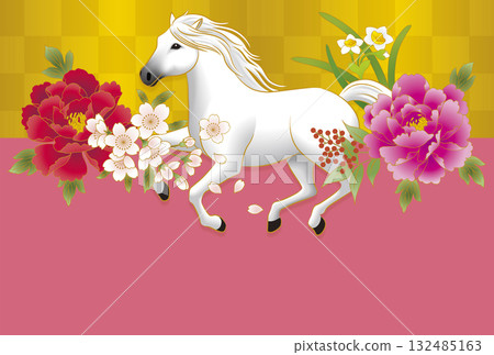 White horse, peony, cherry blossom, daffodil and nandina New Year's card, horizontal position 132485163