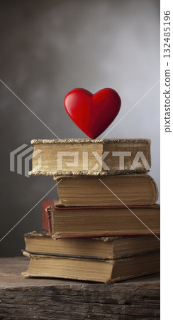 Red heart balancing on old vintage books 132485196