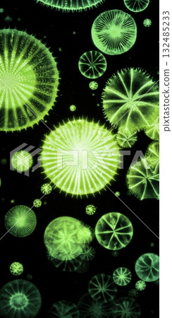 Green glowing diatoms floating in dark water 132485233