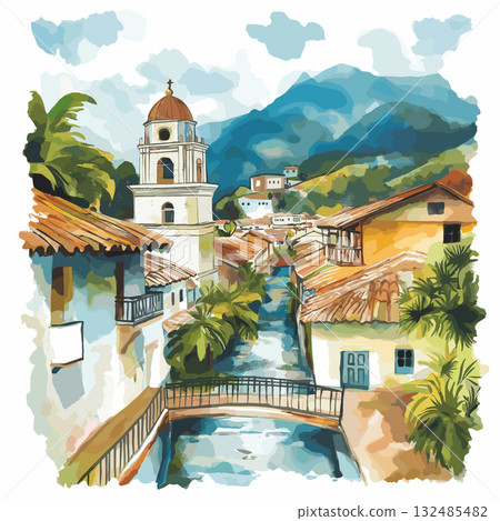 Banos de Agua Santa. Banos de Agua Santa hand drawn watercolor illustration Banos de Agua Santa. Banos de Agua Santa hand drawn watercolor illustration 132485482