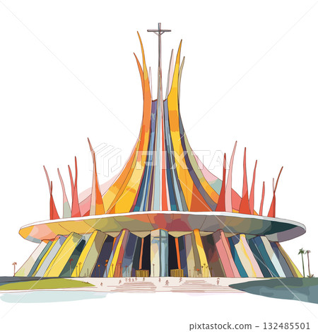 Brasilia Cathedral. Brasilia Cathedral hand drawn watercolor illustration 132485501