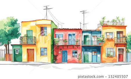 La Boca and Caminito. La Boca and Caminito hand drawn watercolor illustration 132485507