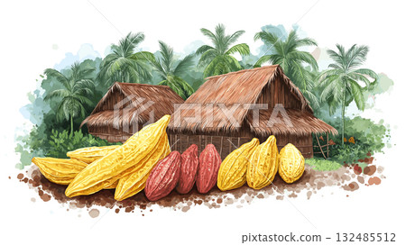 Cacao Hmong Village. Cacao Hmong Village hand drawn watercolor illustration Cacao Hmong Village. Cacao Hmong Village hand drawn watercolor illustration 132485512