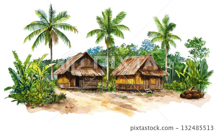 Cacao Hmong Village. Cacao Hmong Village hand drawn watercolor illustration Cacao Hmong Village. Cacao Hmong Village hand drawn watercolor illustration 132485513