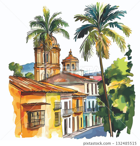 Cali Salsa capital. Cali Salsa capital hand drawn watercolor illustration Cali Salsa capital. Cali Salsa capital hand drawn watercolor illustration 132485515