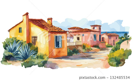 Casapueblo Punta Ballena. Casapueblo Punta Ballena hand drawn watercolor illustration Casapueblo Punta Ballena. Casapueblo Punta Ballena hand drawn watercolor illustration 132485534