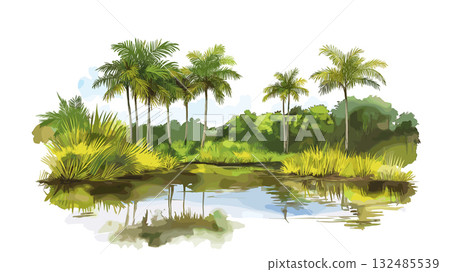 Central Suriname Nature Reserve. Central Suriname Nature Reserve hand drawn watercolor illustration Central Suriname Nature Reserve. Central Suriname Nature Reserve hand drawn watercolor illustration 132485539