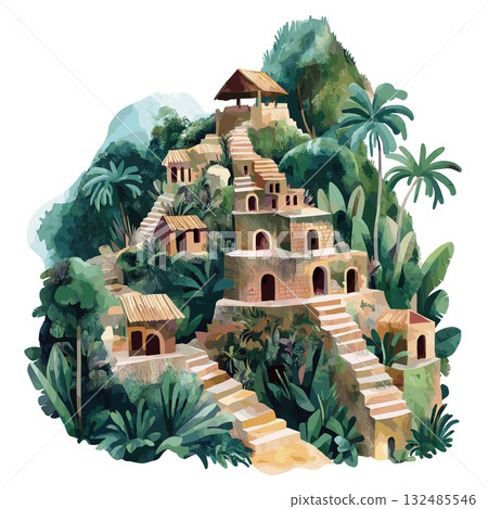 Ciudad Perdida - The Lost City. Ciudad Perdida - The Lost City hand drawn watercolor illustration 132485546