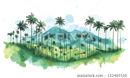 Cocora Valley. Cocora Valley hand drawn watercolor illustration Cocora Valley. Cocora Valley hand drawn watercolor illustration 132485550