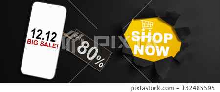 12.12 big sale text on cellphone screen with up to 80% text on the label tag. Copy space. Flash sale concept 132485595
