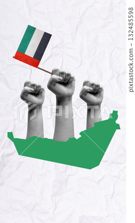 Human hand holding United Arab Emirates national flag. Concept of UAE national day celebration. Collage art Human hand holding United Arab Emirates national flag. Concept of UAE national day celebration. Collage art 132485598