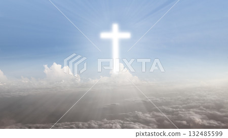 Christian cross of cloud shape with clear sky background. Concept of Christianity, religious, faith, Jesus, or belief Christian cross of cloud shape with clear sky background. Concept of Christianity, religious, faith, Jesus, or belief 132485599