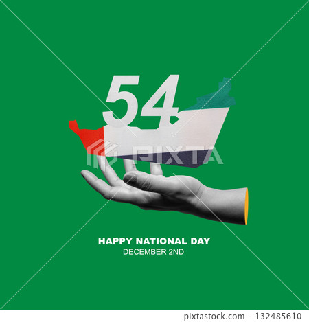Human hand showing maps of United Arab Emirates with national flag color. Concept of UAE national day celebration. Collage art Human hand showing maps of United Arab Emirates with national flag color. Concept of UAE national day celebration. Collage art 132485610