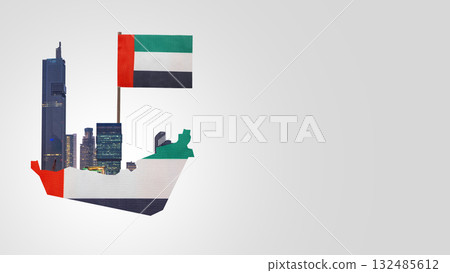 Maps of United Arab Emirates with dubai skyline and national flag. Concept of UAE national day celebration. Collage art Maps of United Arab Emirates with dubai skyline and national flag. Concept of UAE national day celebration. Collage art 132485612