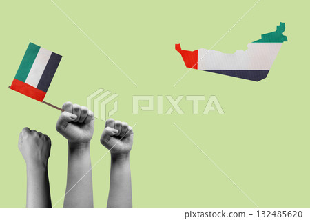 Human hand holding United Arab Emirates national flag. Concept of UAE national day celebration. Collage art Human hand holding United Arab Emirates national flag. Concept of UAE national day celebration. Collage art 132485620