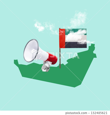 Human hand holding megaphone with United Arab Emirates national flag color. Concept of UAE national day celebration. Collage art 132485621