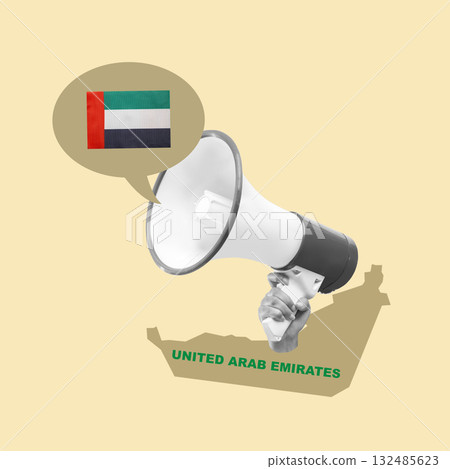 Human hand holding megaphone with United Arab Emirates national flag color. Concept of UAE national day celebration. Collage art 132485623