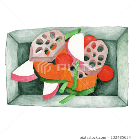 蓮藕、蘿蔔、櫻桃番茄、青豆和南瓜蒸沙拉，盛於盤中 132485634