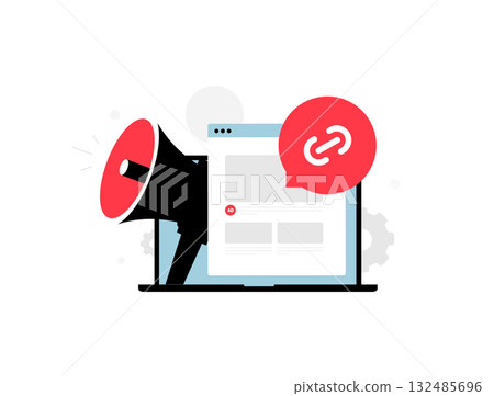 Guest post backlink - SEO outreach strategies on laptop screens with megaphone announcements and chain icons for quality seo link acquisition and domain ranking improvement. Vector illustration Guest post backlink - SEO outreach strategies on laptop screens with megaphone announcements and chain icons for quality seo link acquisition and domain ranking improvement. Vector illustration 132485696