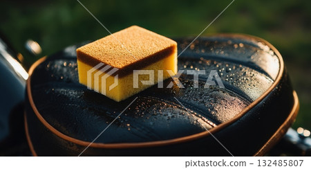 Sponge resting on wet motorcycle seat during cleaning 132485807