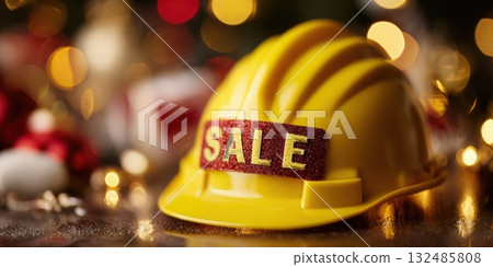 Hard hat with sale sticker on festive christmas bokeh background 132485808