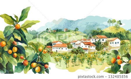 Coffee Cultural Landscape - Eje Cafetero. Coffee Cultural Landscape - Eje Cafetero hand drawn watercolor illustration 132485856