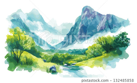 Cochamo Valley. Cochamo Valley hand drawn watercolor illustration Cochamo Valley. Cochamo Valley hand drawn watercolor illustration 132485858