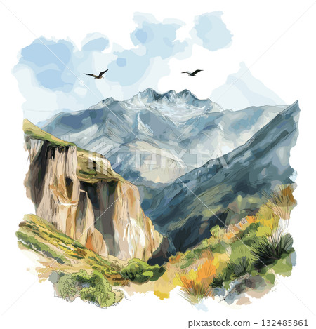 Colca Canyon. Colca Canyon hand drawn watercolor illustration 132485861
