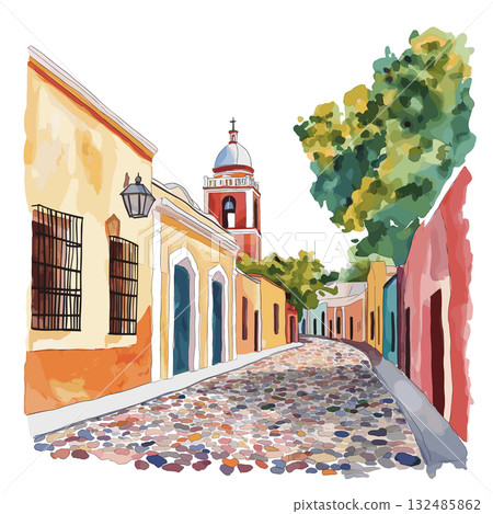 Colonia del Sacramento. Colonia del Sacramento hand drawn watercolor illustration Colonia del Sacramento. Colonia del Sacramento hand drawn watercolor illustration 132485862